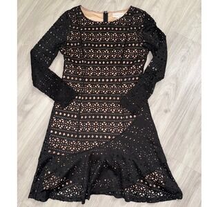 Katherine Kelly Black Eyelet Laser Cut Dress Long Sleeve Ruffle Hem Women 6
